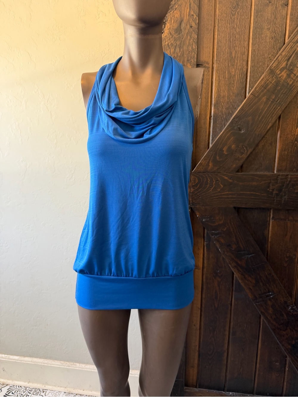 Royal Blue Cowl Neck Halter Tank Top Size Large Draped Sleeveless Blouse